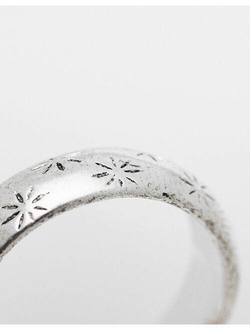 ASOS DESIGN band ring with engraved leaf design in burnished silver tone