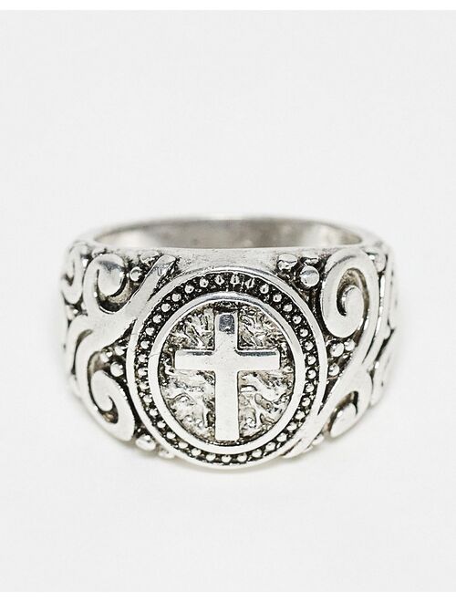 ASOS DESIGN vintage inspired signet ring with cross and emboss