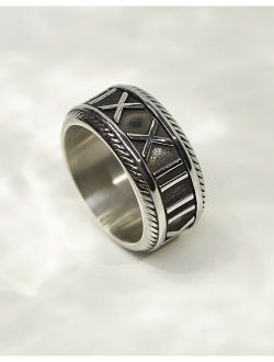 waterproof stainless steel band ring with embossed Roman numerals in silver tone