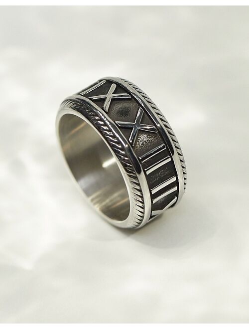 ASOS DESIGN waterproof stainless steel band ring with embossed Roman numerals in silver tone