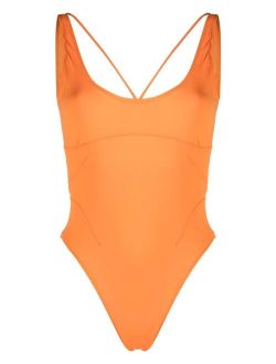 logo-lettering open-back swimsuit