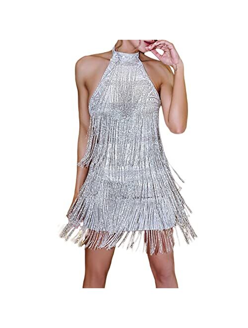 Faretumiya Women Tassel Fringe Sling Cami Dress Sleevelss Sparkly Club Night Out Dancewear Fashion Flapper Bodycon Mini Dress