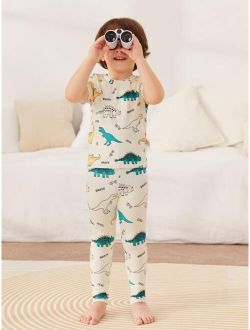 Toddler Boys Dinosaur Print Tee & Pants Snug Fit PJ Set