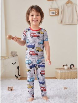 Toddler Boys Car Print Contrast Binding Snug Fit PJ Set