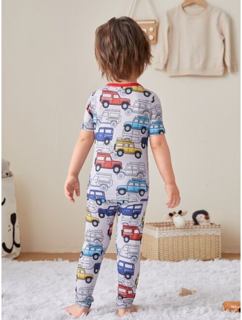Shein Toddler Boys Car Print Contrast Binding Snug Fit PJ Set