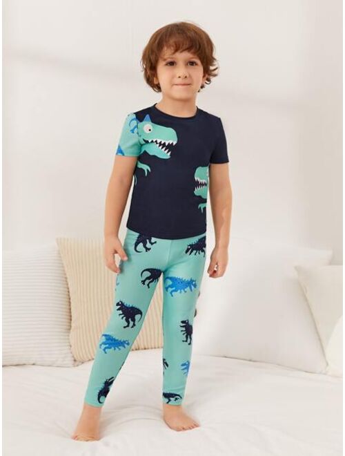 SHEIN Toddler Boys Dinosaur Print Tee & Pants Snug Fit PJ Set