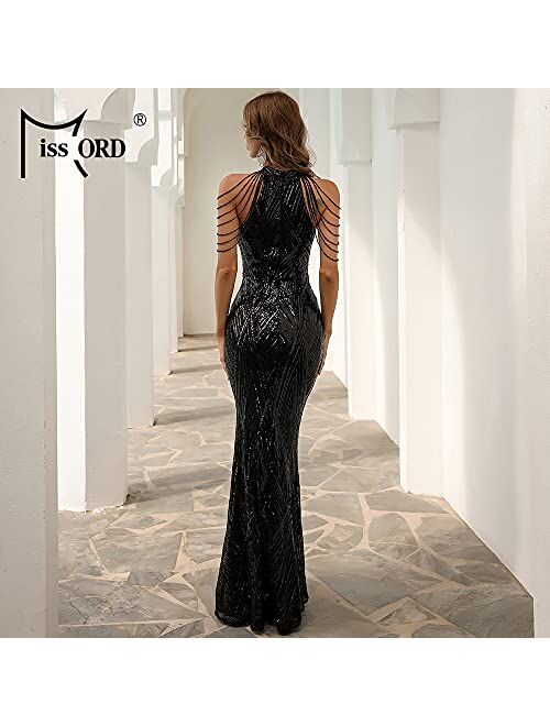 Missord Miss ord Women's Formal Halter Sequin Tassel Bodycon Maxi Prom Dress, Elegant Mermaid Evening Gown