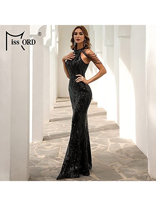 Missord Miss ord Women's Formal Halter Sequin Tassel Bodycon Maxi Prom Dress, Elegant Mermaid Evening Gown
