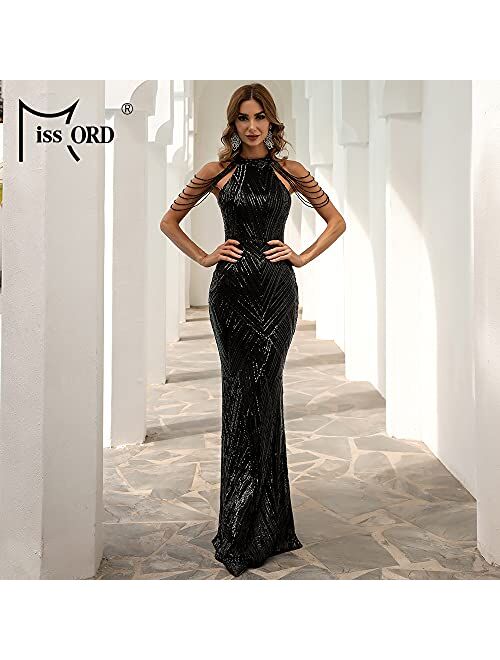 Missord Miss ord Women's Formal Halter Sequin Tassel Bodycon Maxi Prom Dress, Elegant Mermaid Evening Gown
