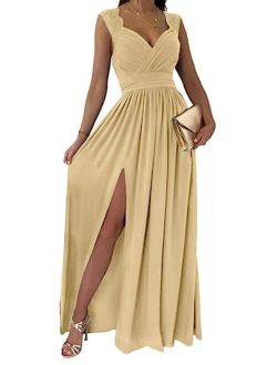 Womens 2023 Formal Dresses Wrap V-Neck Ruched Sexy Bridesmaid Wedding Guest Maxi Dresses