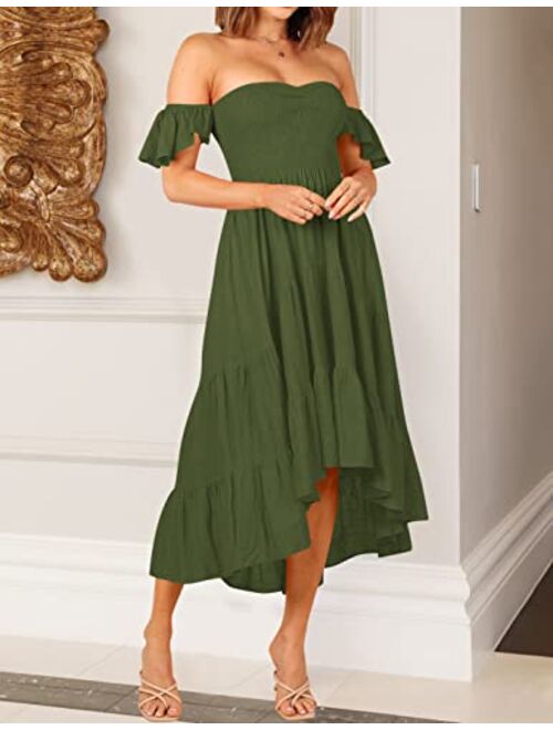 ZESICA Women's 2023 Summer Boho Off Shoulder Short Sleeve Smocked Ruffle Swing High Low Mermaid Cocktail Party Dress