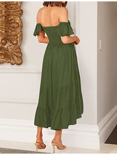 ZESICA Women's 2023 Summer Boho Off Shoulder Short Sleeve Smocked Ruffle Swing High Low Mermaid Cocktail Party Dress