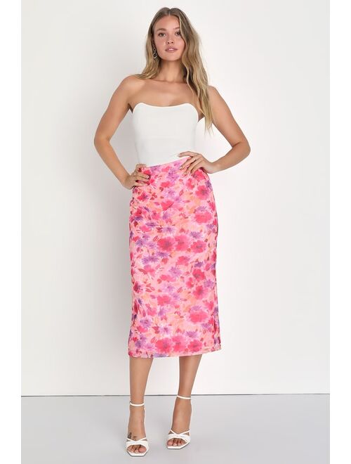 Lulus Passion for Fashion Pink Floral Print High-Rise Midi Skirt