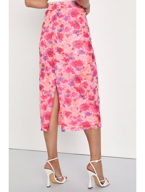 Lulus Passion for Fashion Pink Floral Print High-Rise Midi Skirt