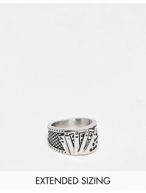 ASOS DESIGN waterproof stainless steel band ring with playing card design in silver tone