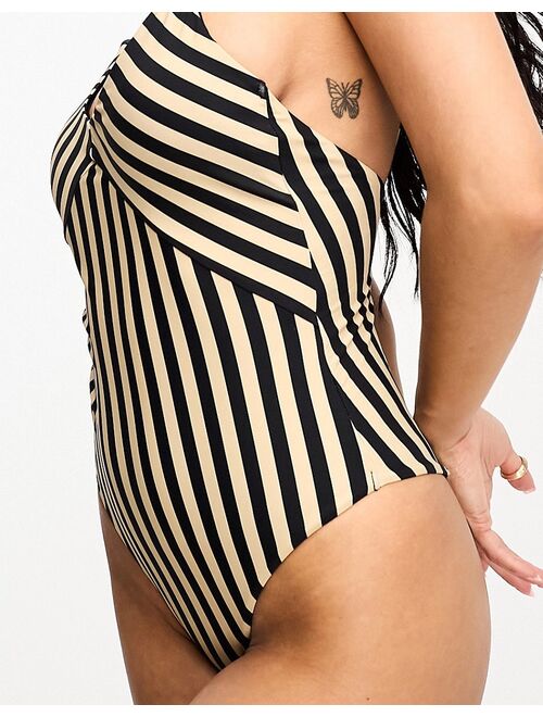 Vero Moda tie shoulder swimsuit in cream and black stripe