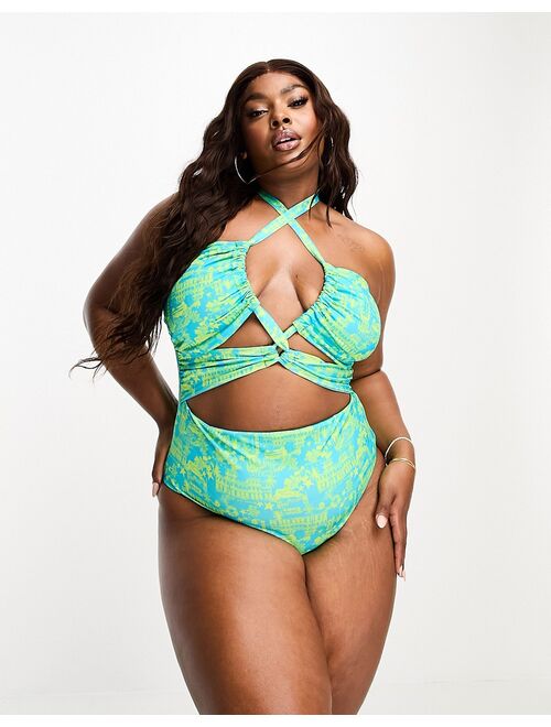 ASOS Curve ASOS DESIGN Curve halter keyhole swimsuit in Havana print