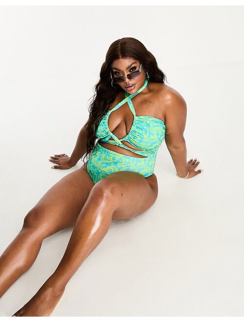ASOS Curve ASOS DESIGN Curve halter keyhole swimsuit in Havana print