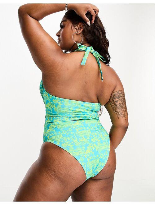ASOS Curve ASOS DESIGN Curve halter keyhole swimsuit in Havana print