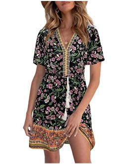 LEANI Womens Summer V Neck Bohemian Floral Print Mini Dress Short Sleeve Ruffle Beach Short Dress