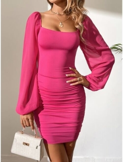 Tall Square Neck Lantern Sleeve Ruched Bodycon Dress