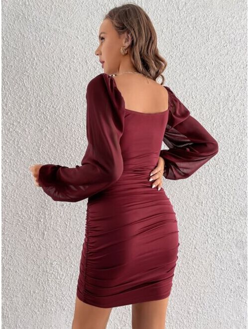 SHEIN Tall Square Neck Lantern Sleeve Ruched Bodycon Dress