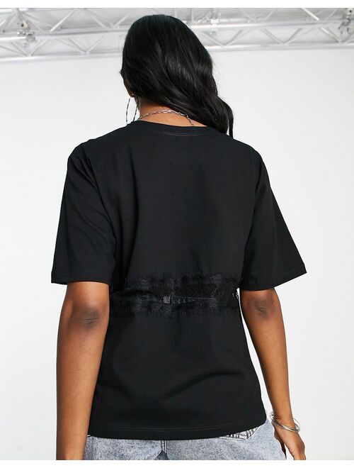 ASOS DESIGN oversized t-shirt with lace panel in black