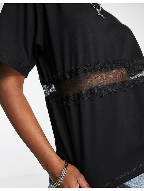 ASOS DESIGN oversized t-shirt with lace panel in black
