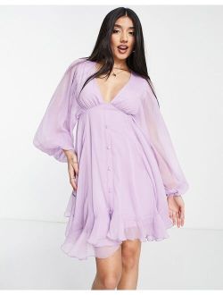 button detail mini dress with blouson sleeve in lilac