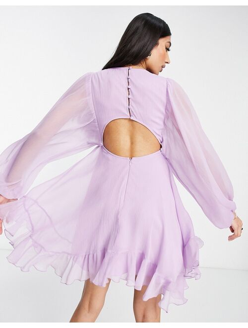 ASOS DESIGN button detail mini dress with blouson sleeve in lilac