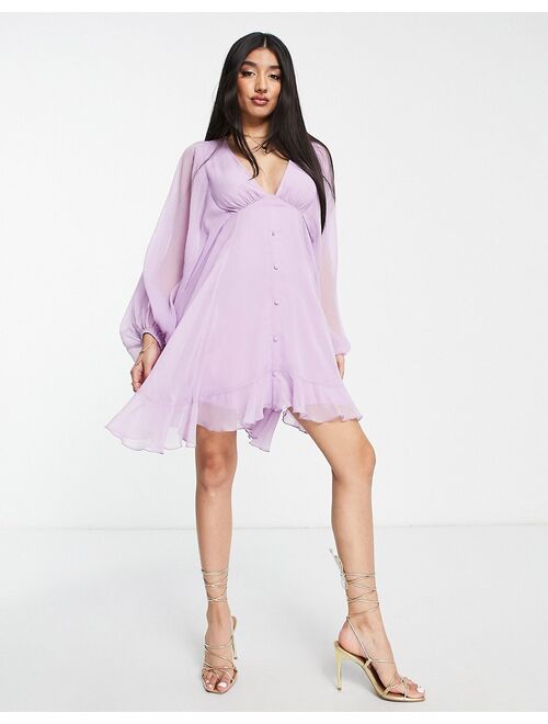 ASOS DESIGN button detail mini dress with blouson sleeve in lilac