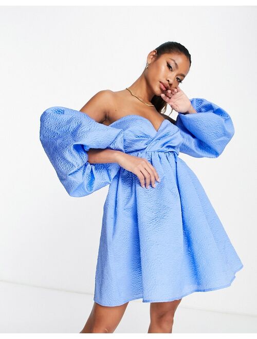 ASOS EDITION off shoulder textured mini dress with blouson sleeve in blue