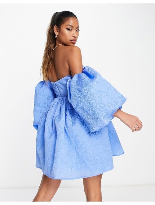 ASOS EDITION off shoulder textured mini dress with blouson sleeve in blue
