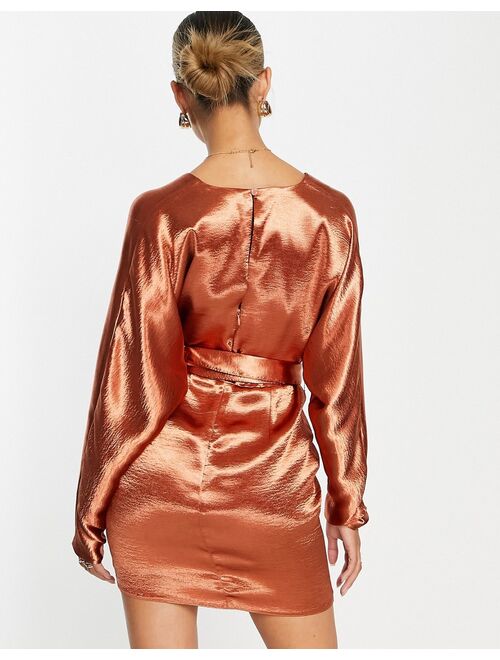 ASOS DESIGN batwing sleeve mini dress in satin with wrap waist in terracotta