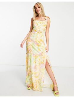 Hope & Ivy tie shoulder belted maxi dress in bright pastel floral