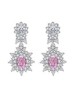 Gobaalele Oval Cut Drop Dangle Earrings, 1.5ct Cubic Zirconia Pink Stone Earrings, 925 Sterling Silver CZ Earrings for Women