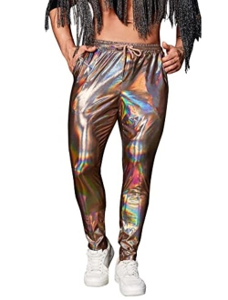 Men's Metallic Drawstring Waist Holographic Party Club Pants with Pockets