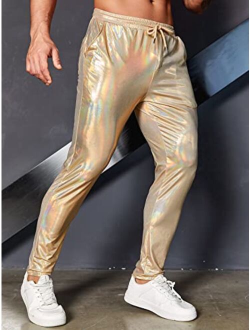 WDIRARA Men's Metallic Drawstring Waist Holographic Party Club Pants with Pockets