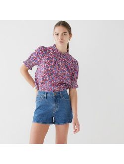 Smocked linen puff-sleeve top in berry floral