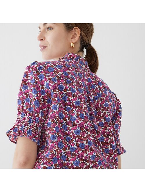 J.Crew Smocked linen puff-sleeve top in berry floral