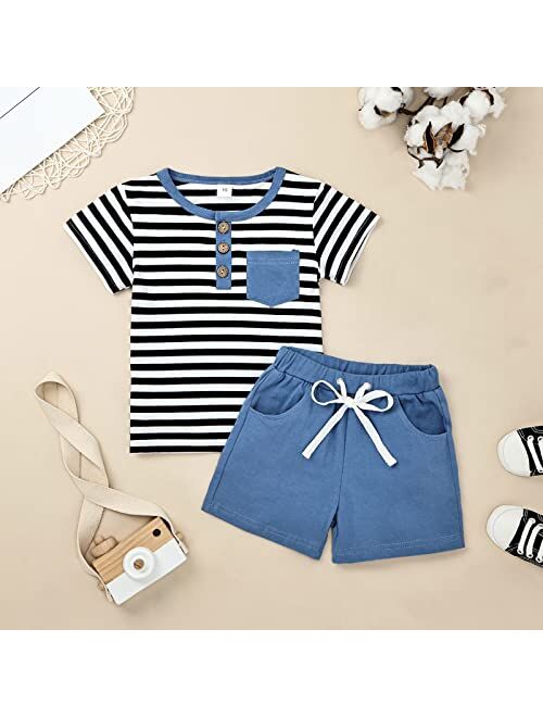 FOCUTEBB Toddler Baby Boy Clothes Short Sleeve Striped Tops T-Shirt Casual Shorts Set 2PC Little Boy Clothing Summer Outfits