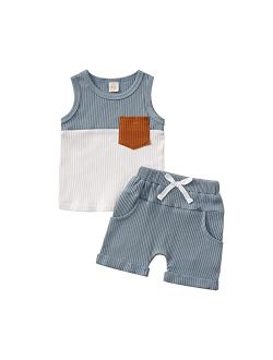 Rtnnsbbfcm Newborn Baby Boy Girl Summer Clothes Sleeveless Pocket Color Block Ribbed Tank Top Shorts 2Pcs Casual Outfit