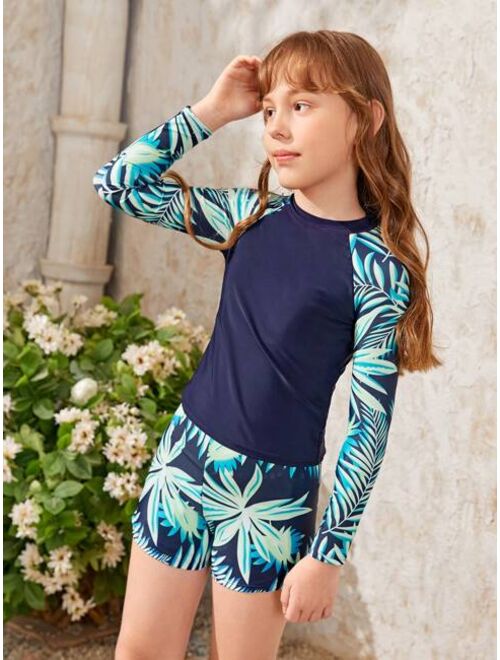 Shein Girls 1pack Tropical Print Raglan Sleeve High Neck Bikini Swimsuit