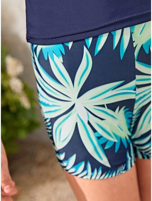 Shein Girls 1pack Tropical Print Raglan Sleeve High Neck Bikini Swimsuit