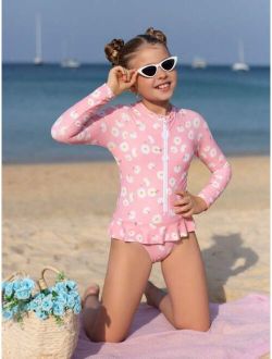 Girls Daisy Print Zipper Front Peplum One Piece Swimsuit