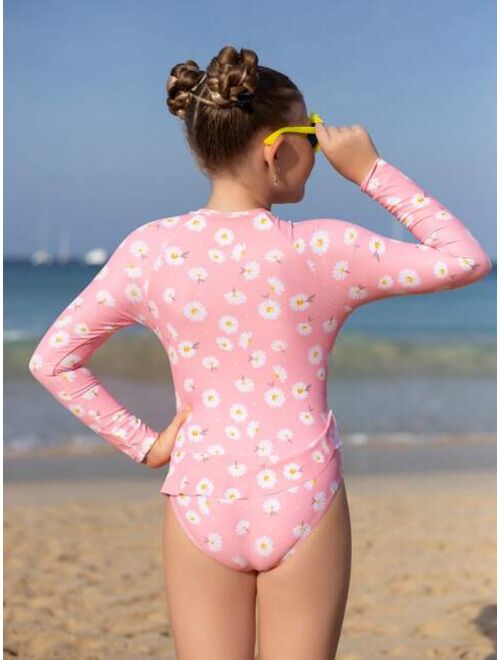 Shein Girls Daisy Print Zipper Front Peplum One Piece Swimsuit
