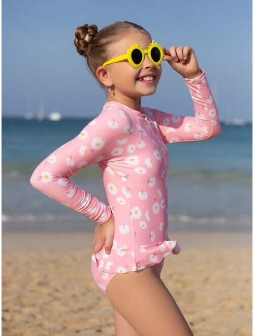 Shein Girls Daisy Print Zipper Front Peplum One Piece Swimsuit