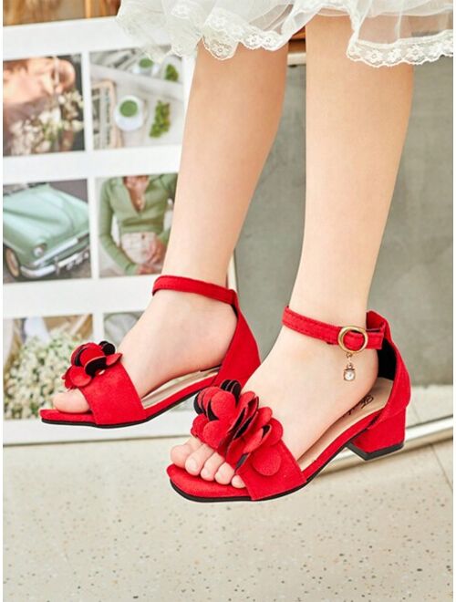 Xiaoniandu Shoes Girls Flower Decor Chunky Heeled Ankle Strap Sandals For Summer