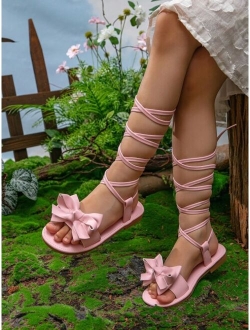 Hitmoe Shoes Girls Bow Decor Tie Leg Design Strappy Sandals, Fashion Summer Flat Sandals