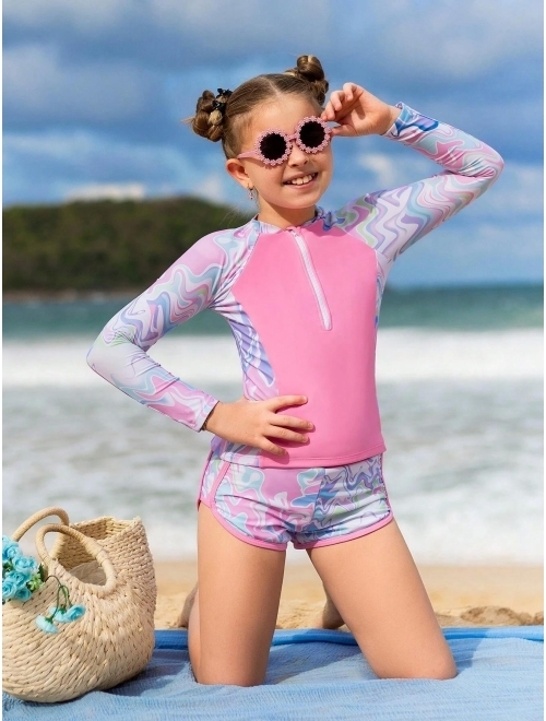 Shein Girls Wave Striped Zipper Front Tankini Swimsuit